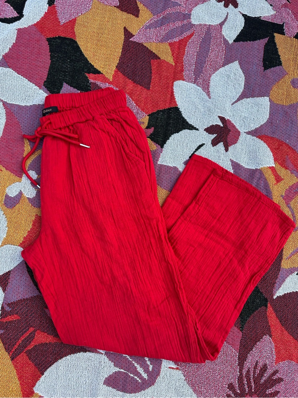 Quince Vibrant Red Drawstring Gauze Wide Leg Pants